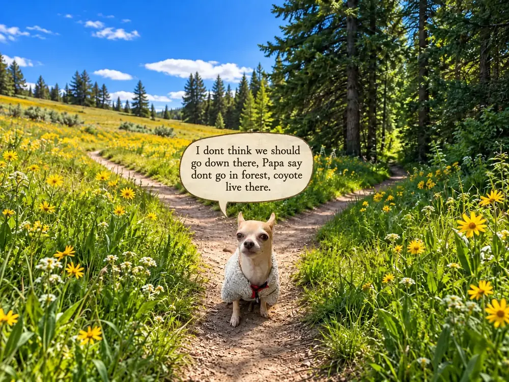 Pubby at a fork in the trail, warning Papa about coyotes