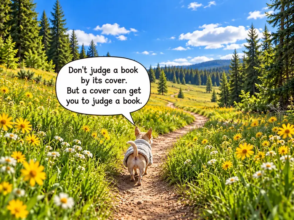 Pubby on an open meadow trail talking about judging books by their covers