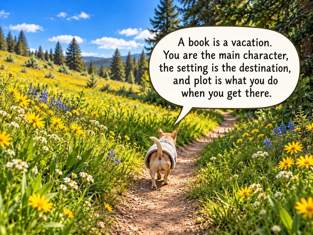 Pubby walking deeper into the meadow while talking about books as vacations