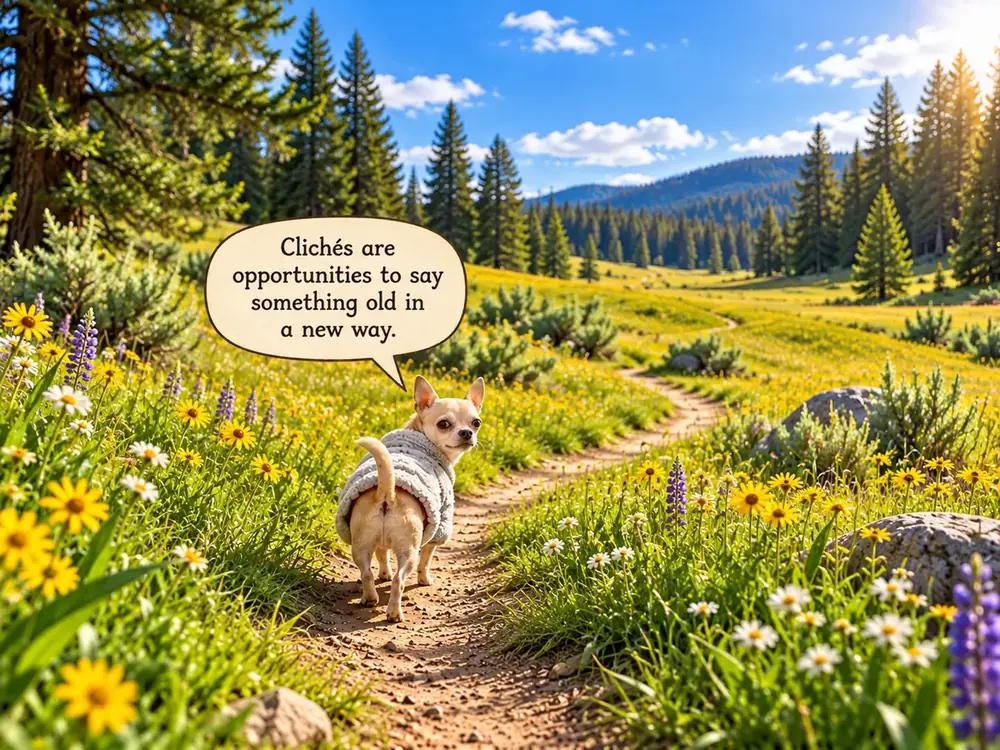 Pubby glancing back on the meadow trail while talking about cliches
