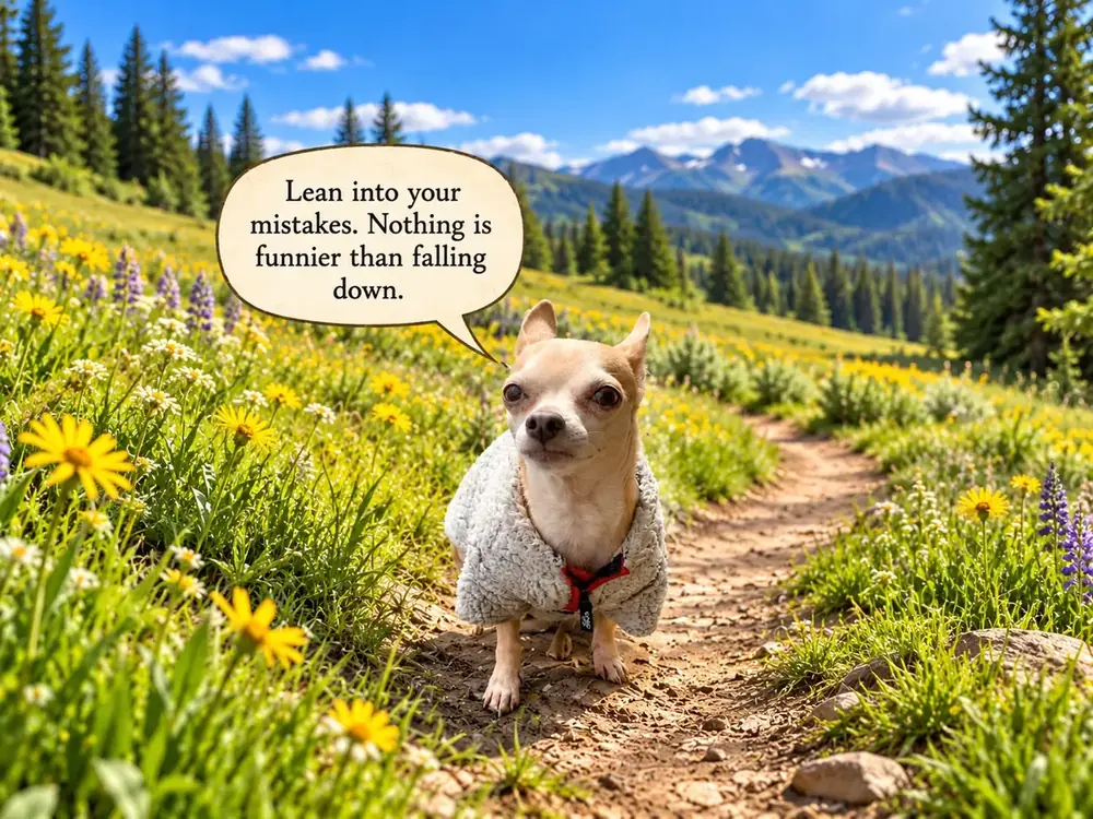 Pubby pausing on the meadow trail with advice about mistakes
