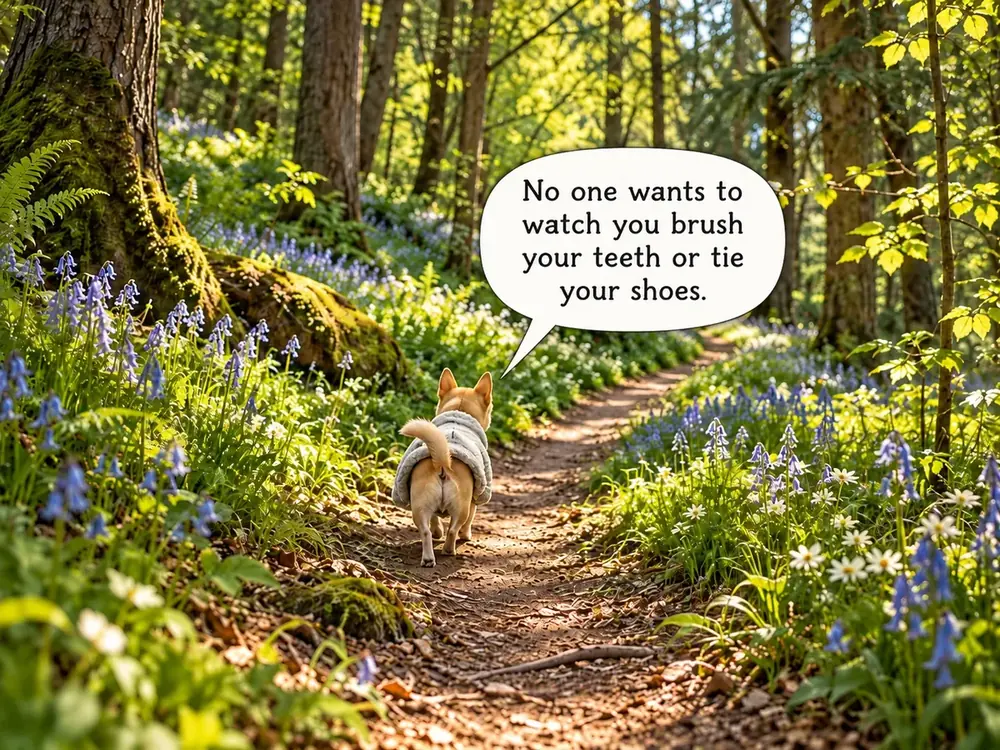 Pubby walking into the forest and reminding us nobody wants to watch teeth brushing