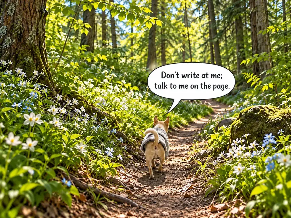Pubby deeper in the forest trail talking about writing to the reader
