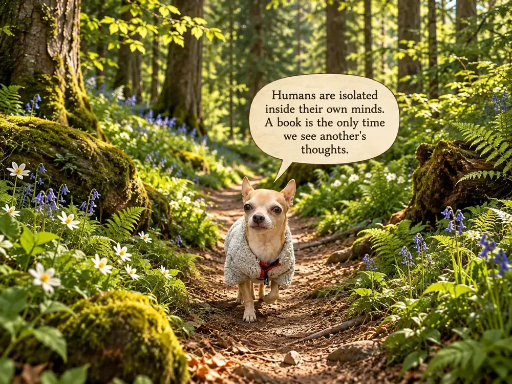 Pubby on a sunlit forest path talking about seeing another person's thoughts in books